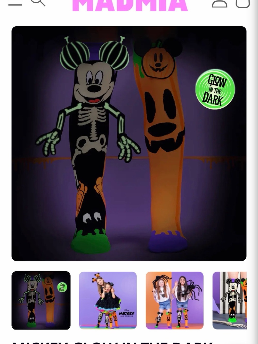Mamia Glow-in-the-Dark Mickey Skeleton Kids Costume Tights - Black & Orange